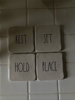 Rae Dunn White Ceramic Square Coasters (4)